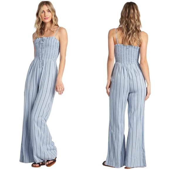 Billabong Pants - Billabong Forever Fields Wide Leg Blue Striped Jumpsuit Size M